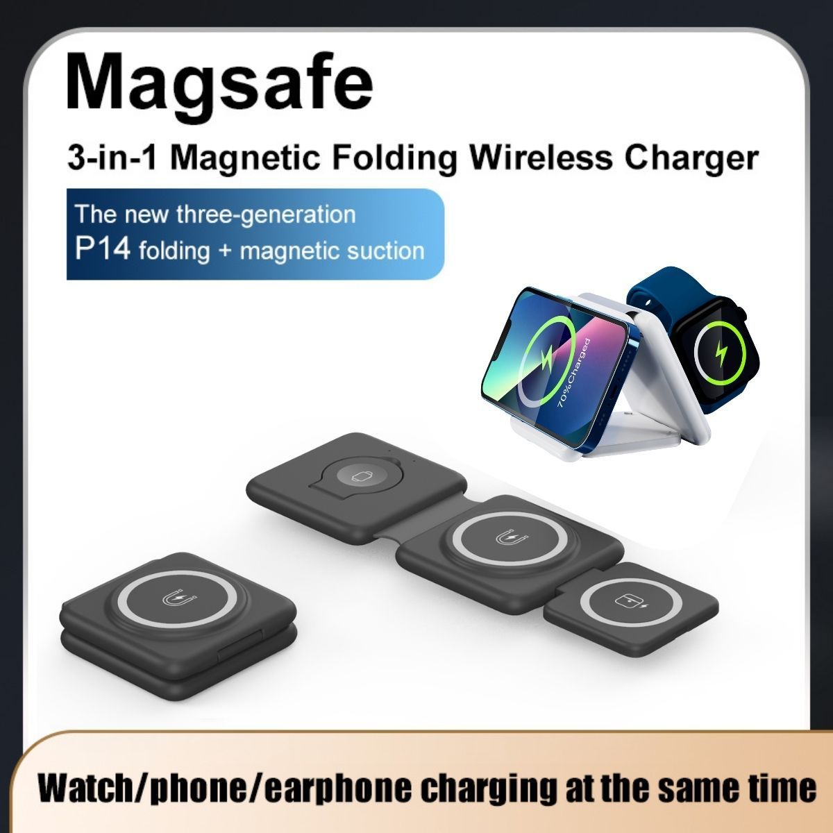 Chargeur Sans Fil Magnétique 3-en-1 Pliable – Recharge Rapide pour Smartphone, Montre & Écouteurs